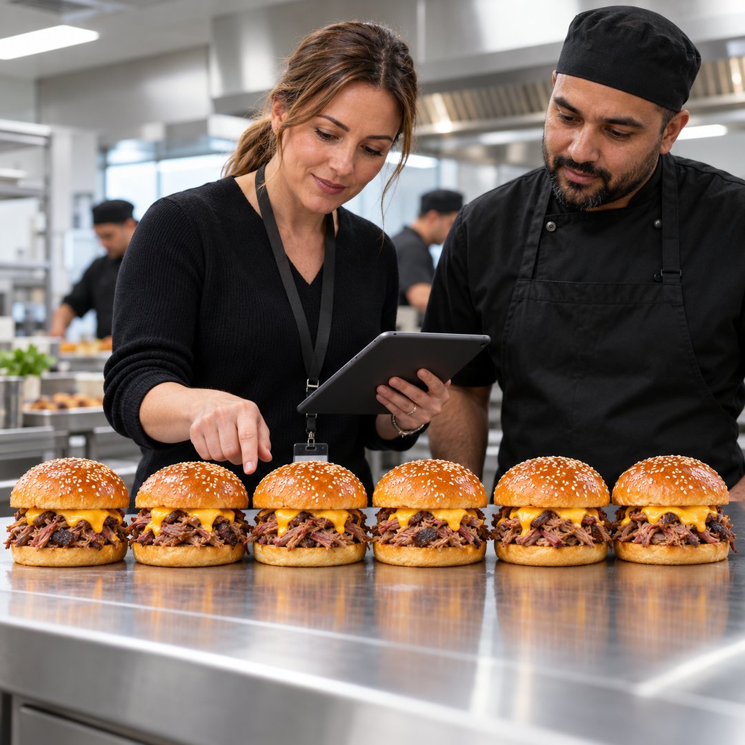 Franchise manager checking six identical burgers on brioche buns