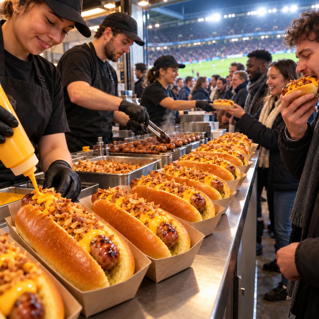 Stadium kiosk serving loaded hot dogs in brioche rolls