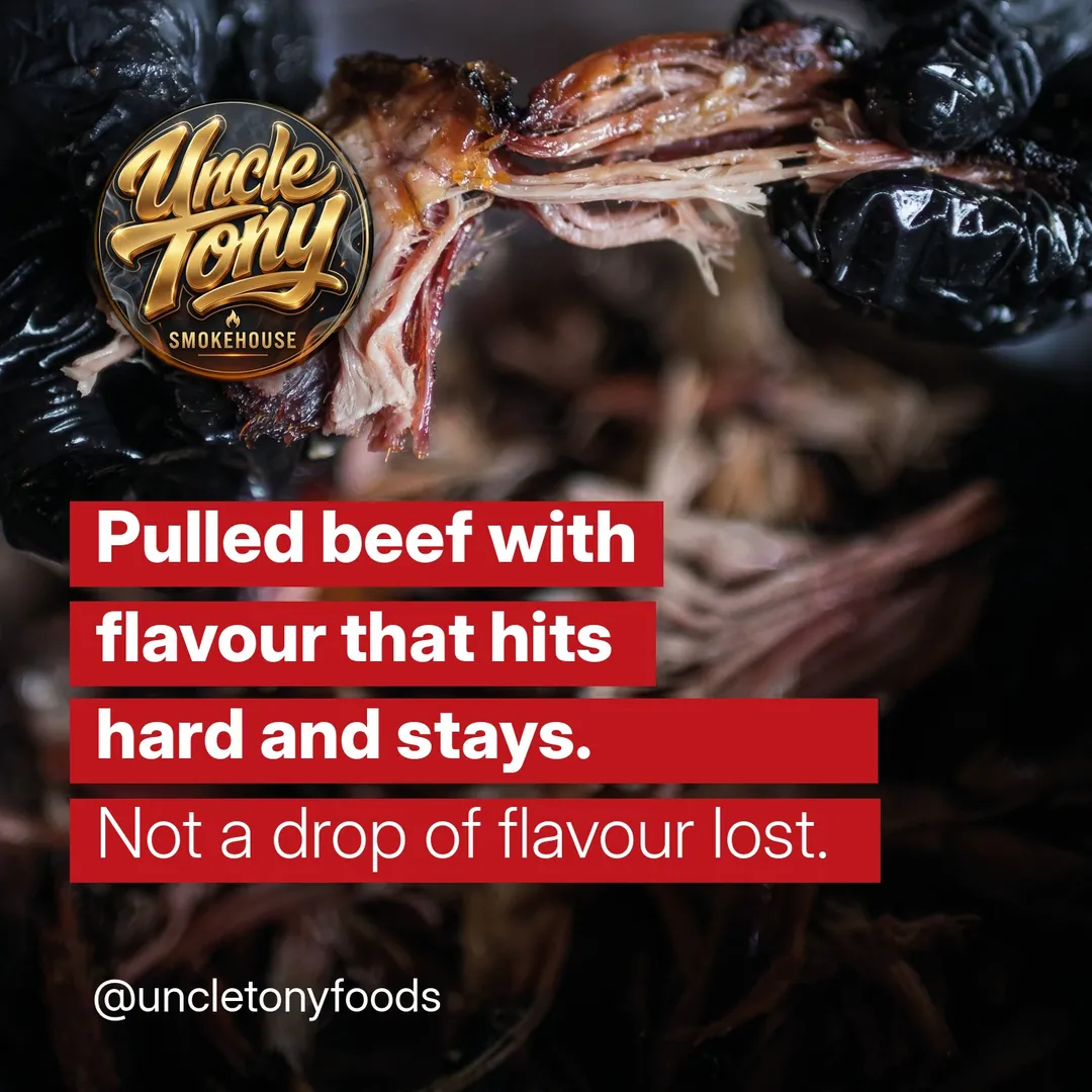 Uncle Tony Smokehouse pulled beef, applewood smoked Irish grass-fed beef pulled by hand