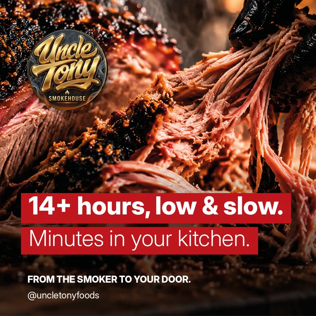 Texas-style smoked beef with dark bark, smoked 14+ hours low and slow over applewood