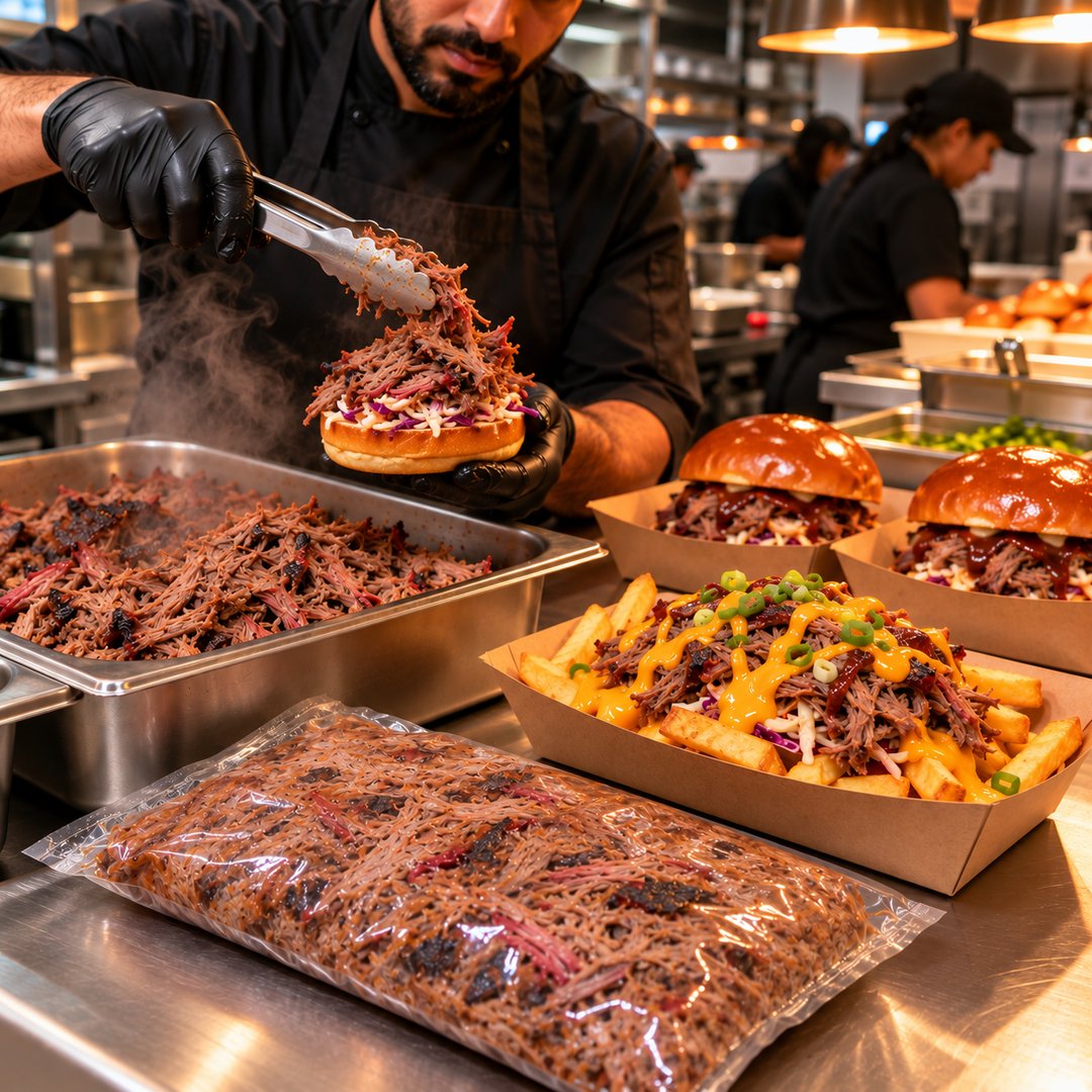 Smoked Pulled Beef: kitchen during service